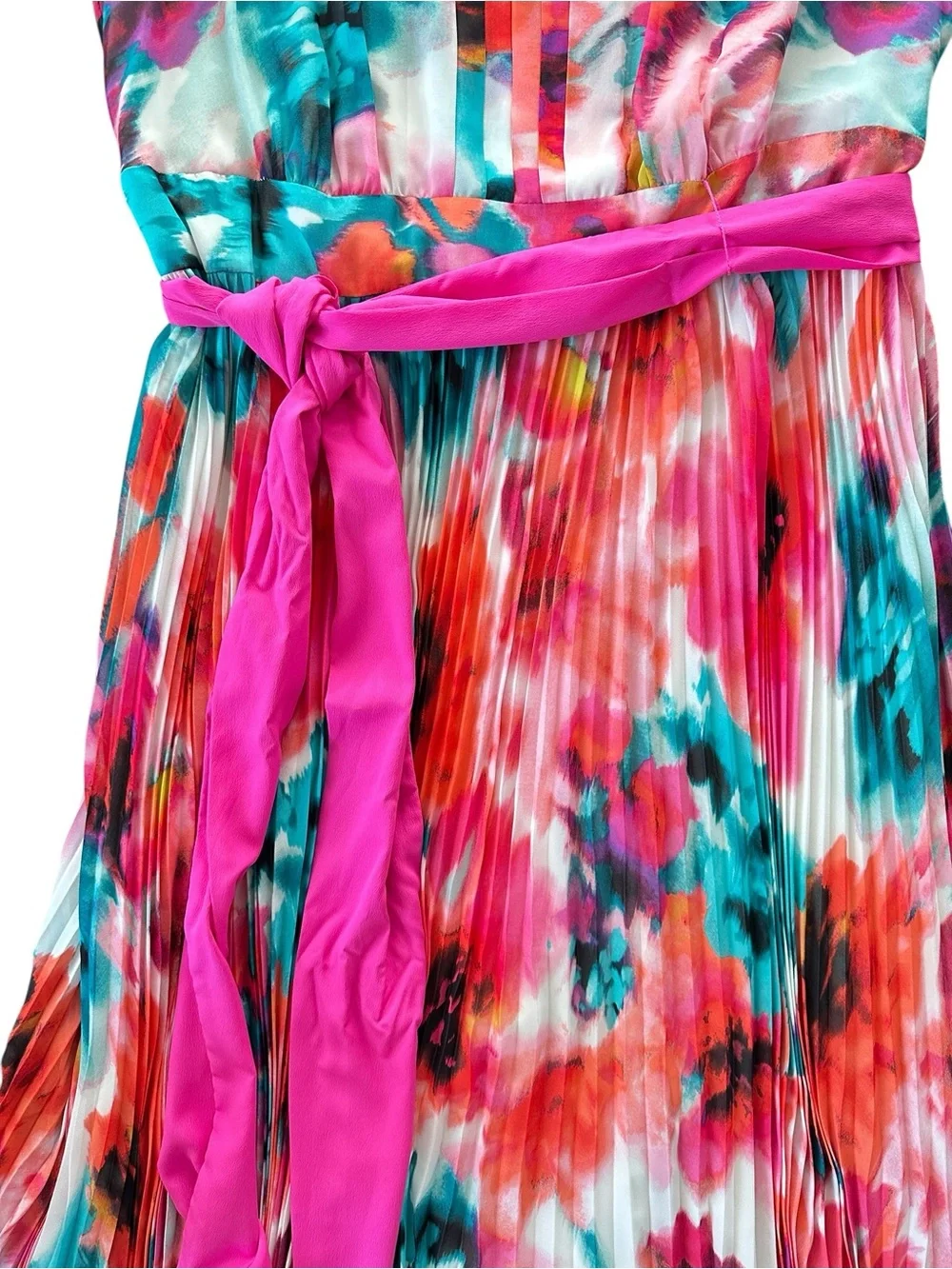 Eliza J Watercolor Floral Pleated Maxi Dress Pink Sash Halter 16W Plus - Picture 6 of 16